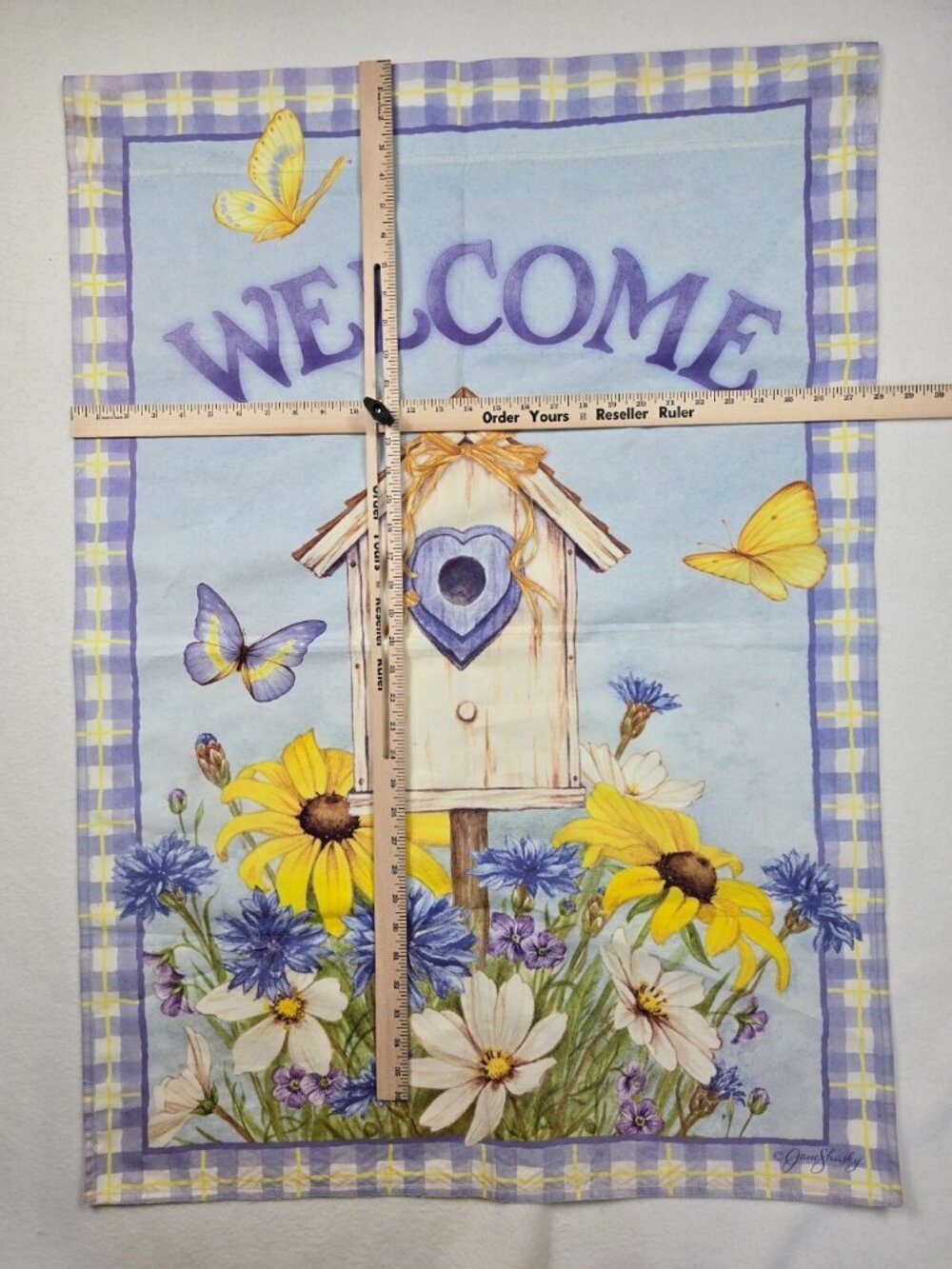 Decorative Welcome Garden Flag With Birdhouse & Flowers Blue & Yellow 28" X 40" - Picture 2 of 2